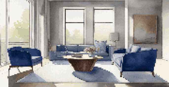 A minimalist living room with a walnut coffee table, cobalt blue chair, and soft gray walls illuminated by natural light.