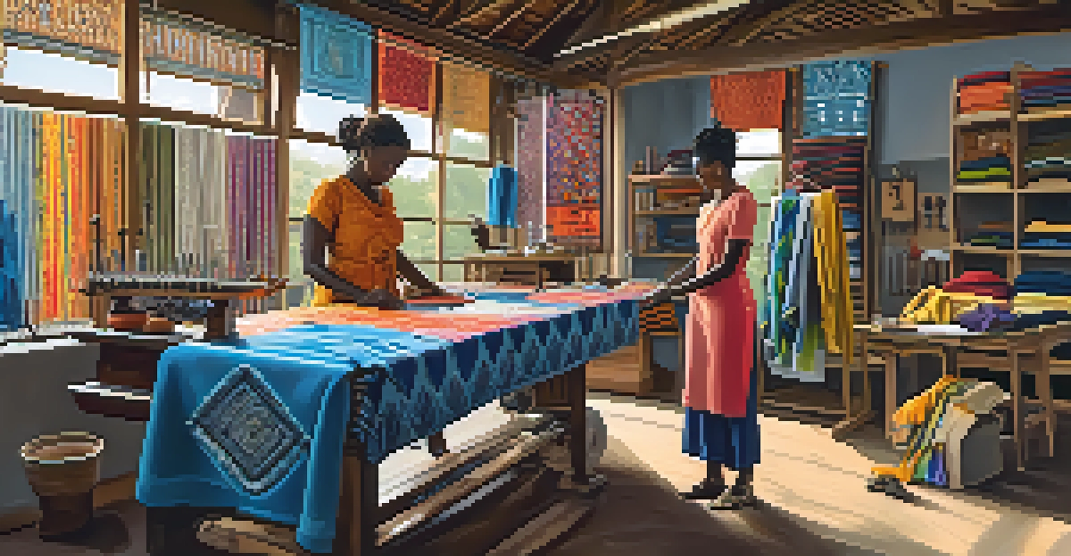 An artisan in a workshop surrounded by colorful African fabrics, crafting a luxury garment with precision.