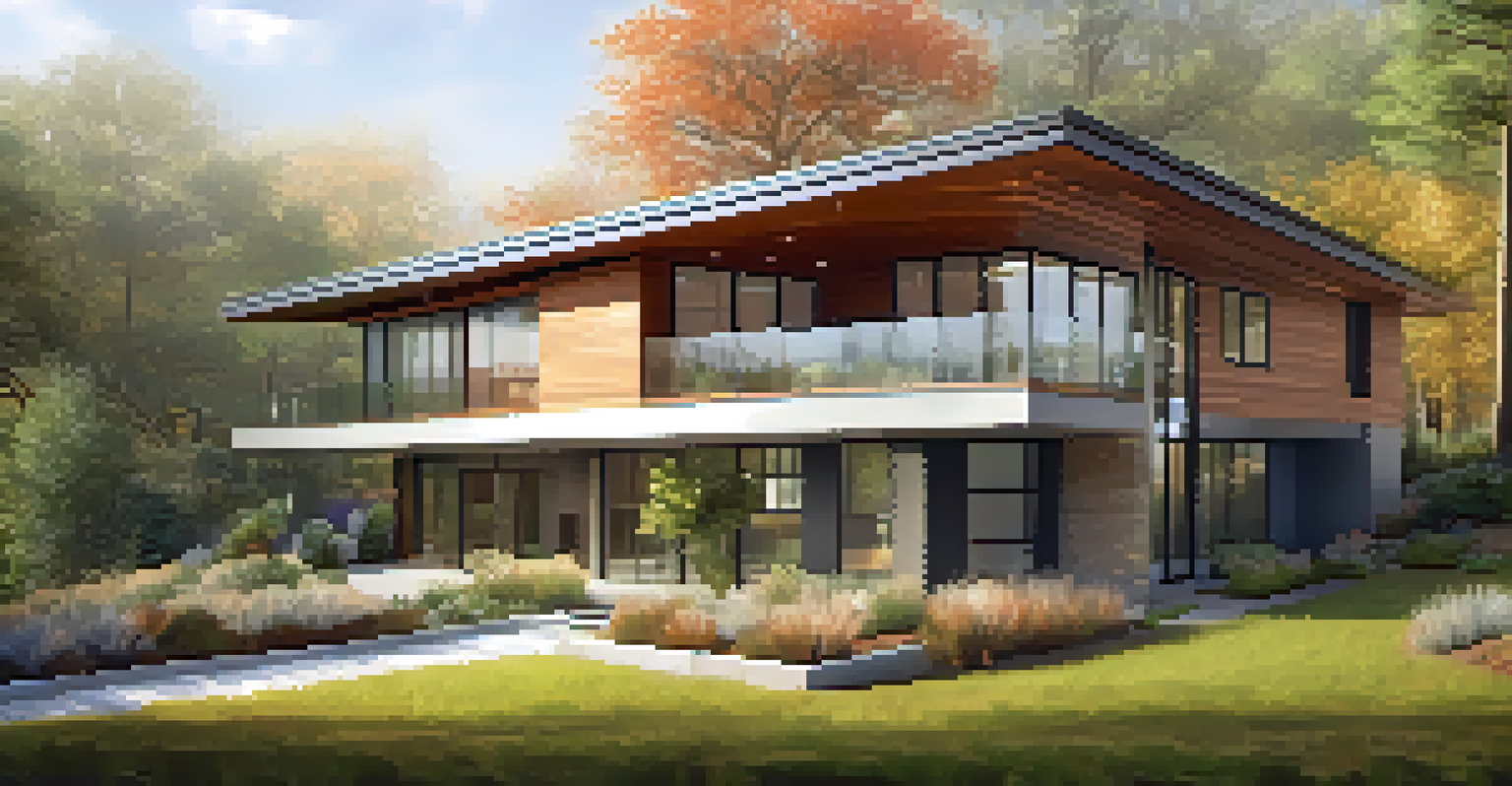 A modern luxury home featuring a green roof with native plants and energy-efficient windows, surrounded by nature.