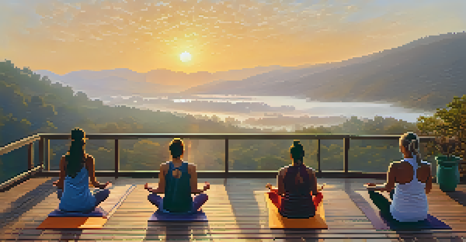 A group of people practicing yoga at sunrise on a deck with a view of a misty valley.