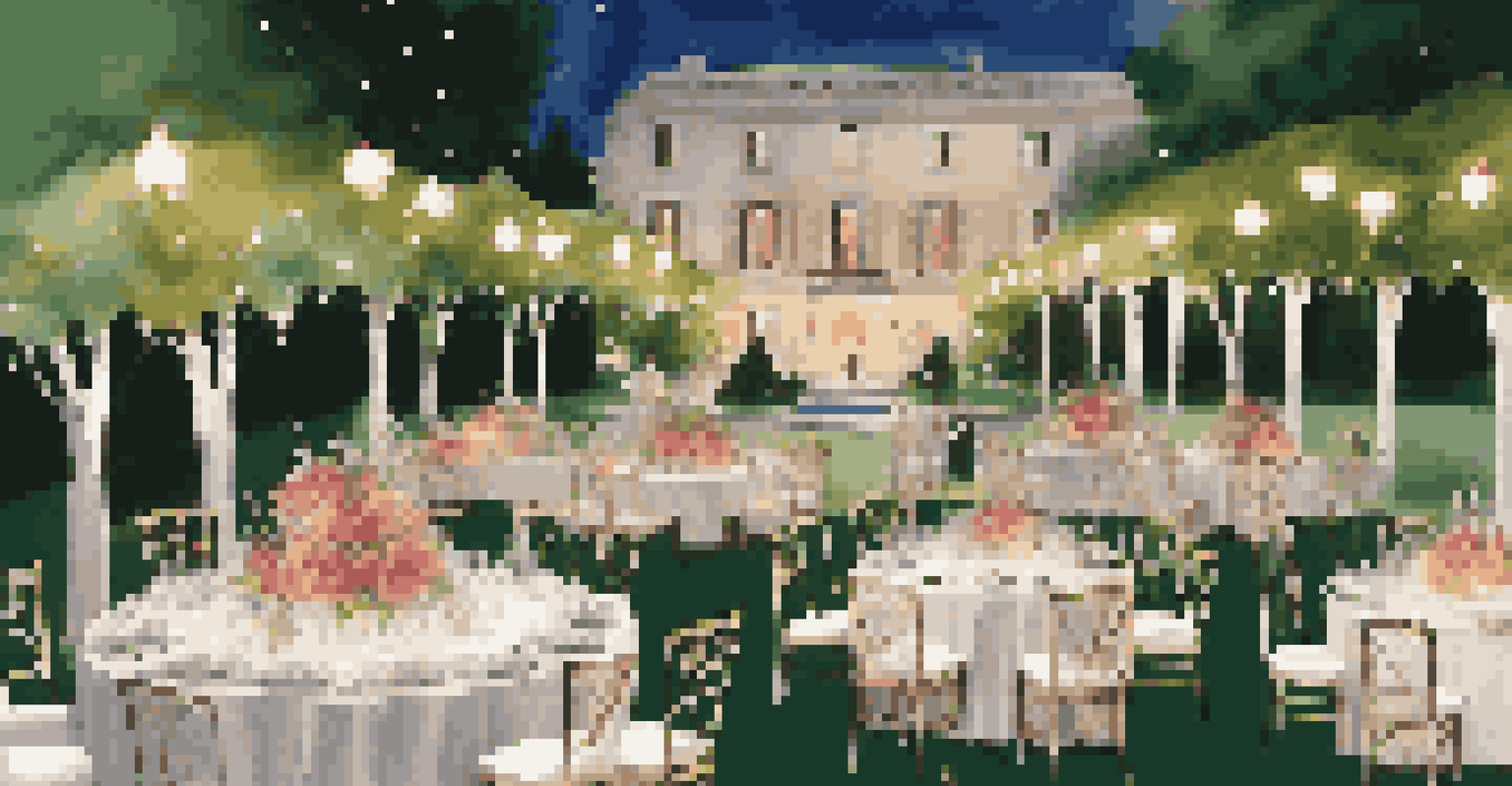 An outdoor luxury event in a garden, with guests dressed elegantly, enjoying fine dining under fairy lights.