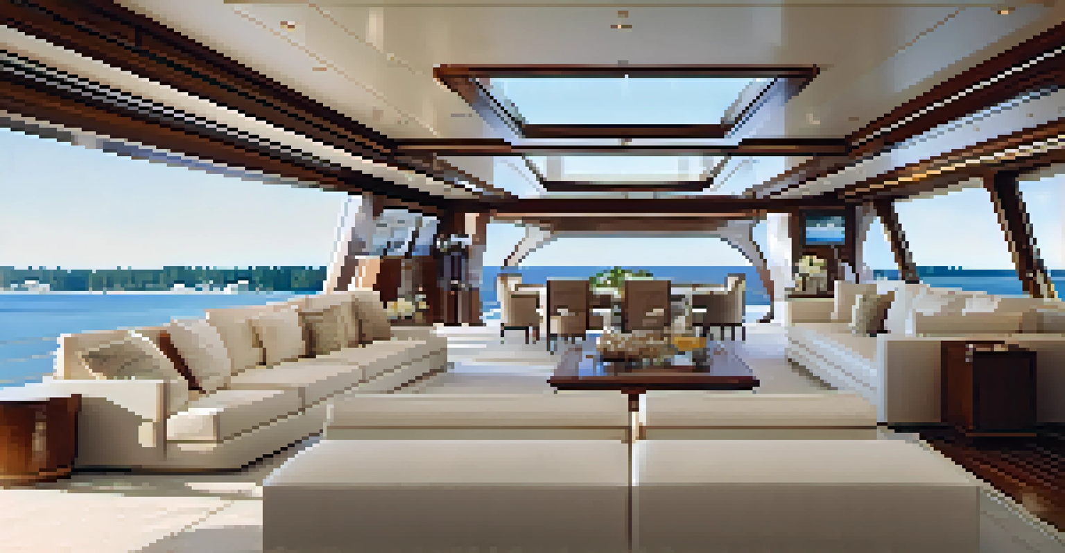 The luxurious interior of a yacht featuring a spacious living area, plush furnishings, and a gourmet kitchen.