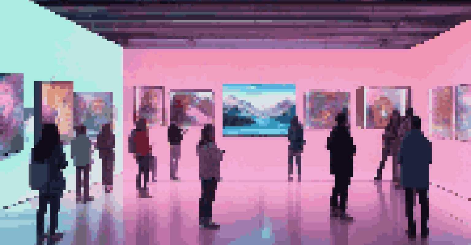 A high-tech digital gallery featuring animated NFT artworks, with visitors interacting using VR headsets in a sleek, modern environment.