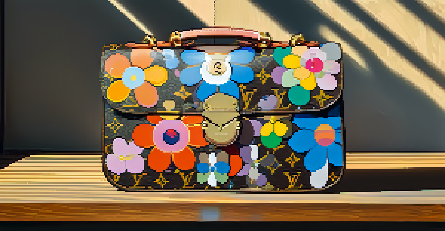 A Louis Vuitton handbag featuring colorful floral designs by Takashi Murakami, placed on a wooden table under warm sunlight.