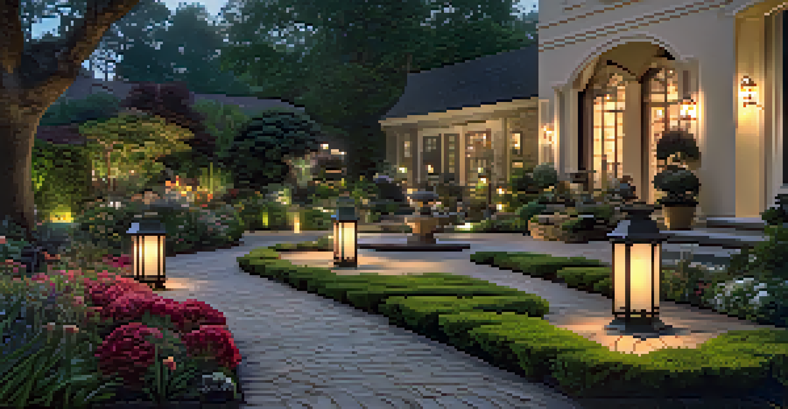 A serene garden at dusk with soft lighting highlighting plants, pathways, and a water feature.