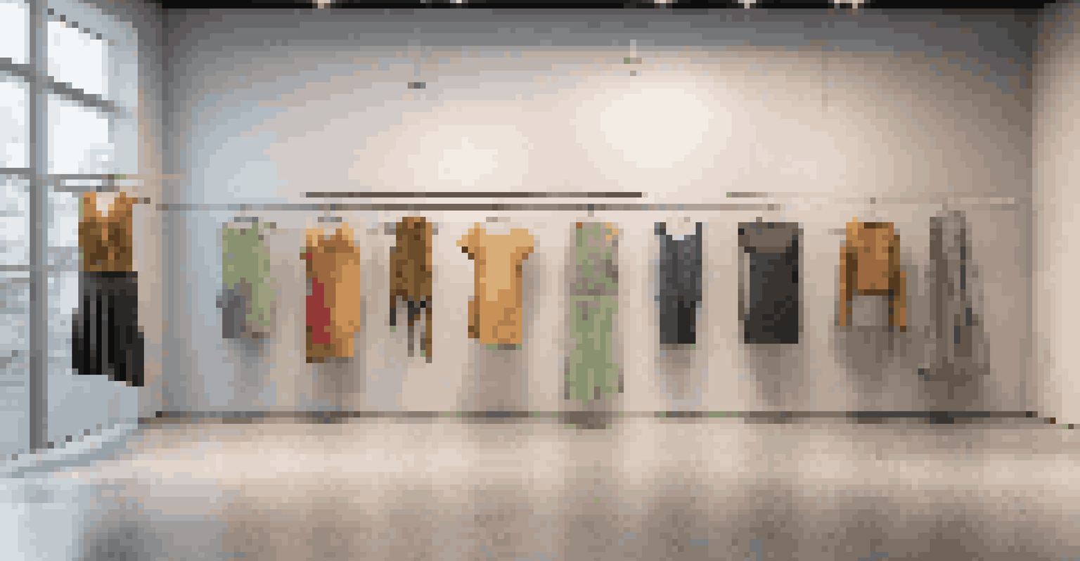 A modern fashion display featuring eco-friendly clothing made from innovative materials, set against a minimalist background with soft lighting.