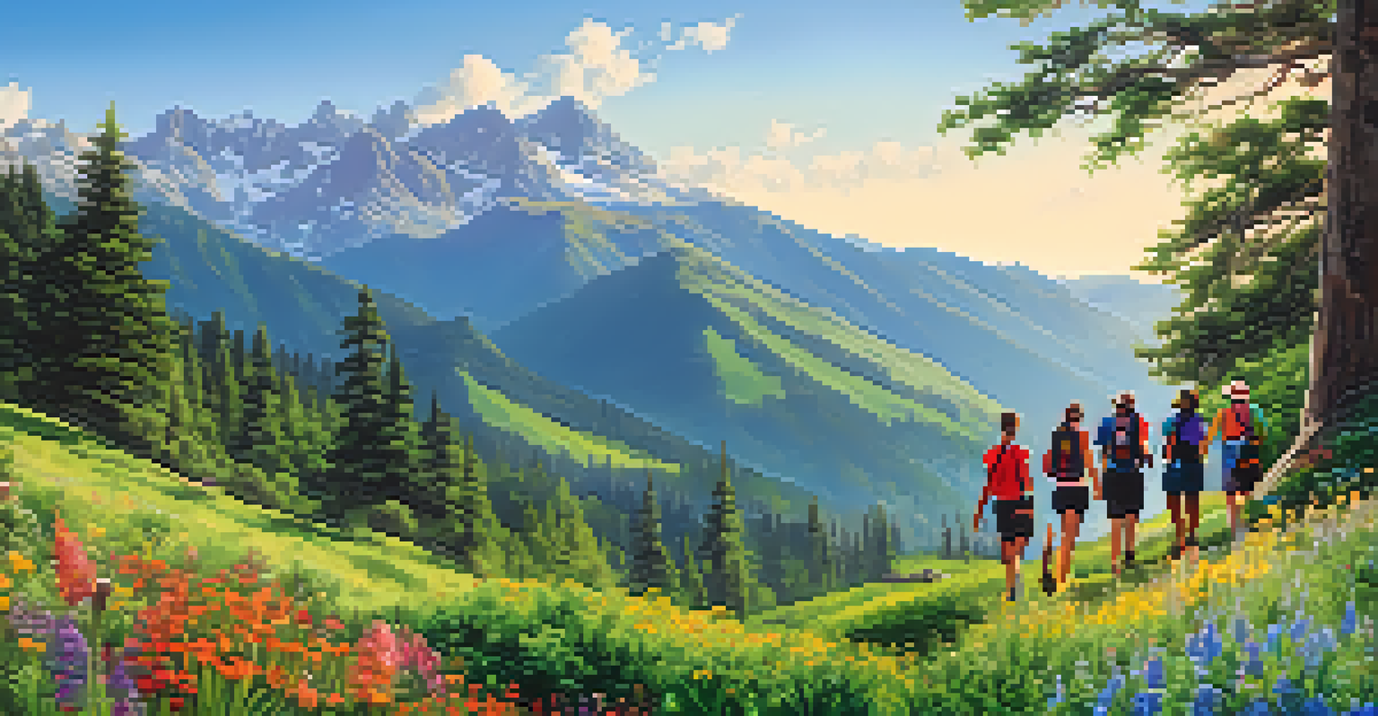 Hiking group in active wear enjoying a mountainous landscape filled with greenery and wildflowers.