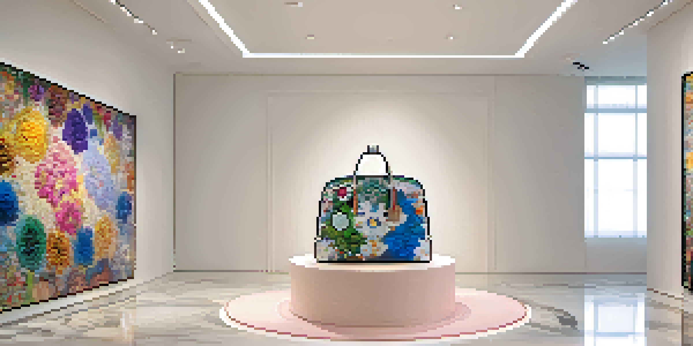 A high-end handbag featuring colorful designs on a marble pedestal in a modern gallery.