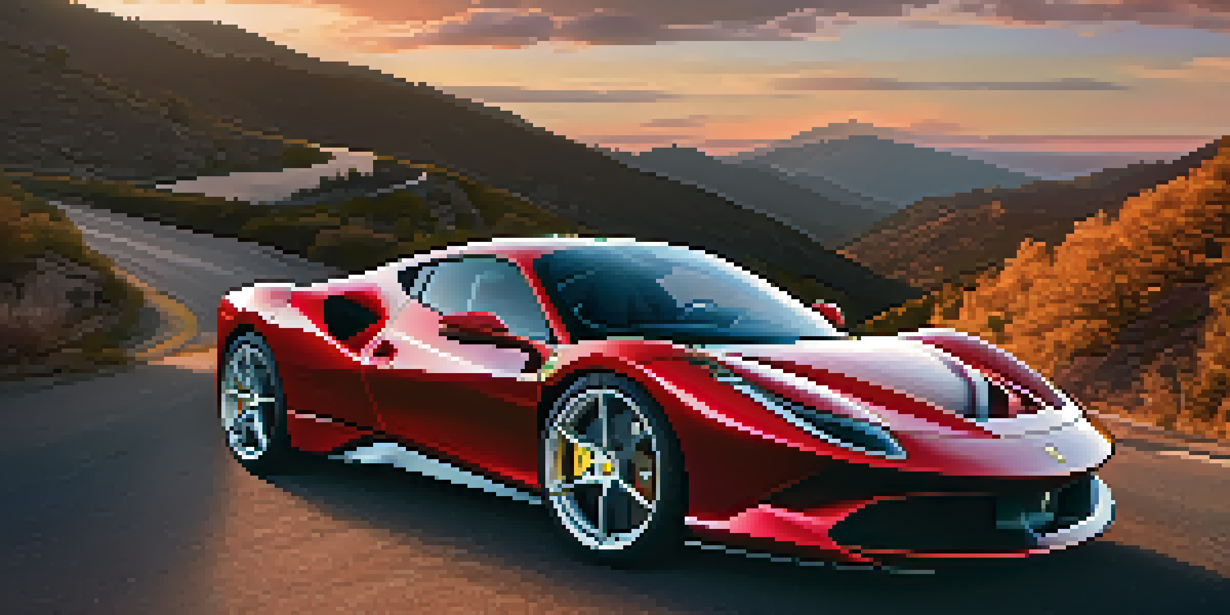A Ferrari SF90 Stradale parked on a mountain road during sunset, showcasing its vibrant red color and sleek design.