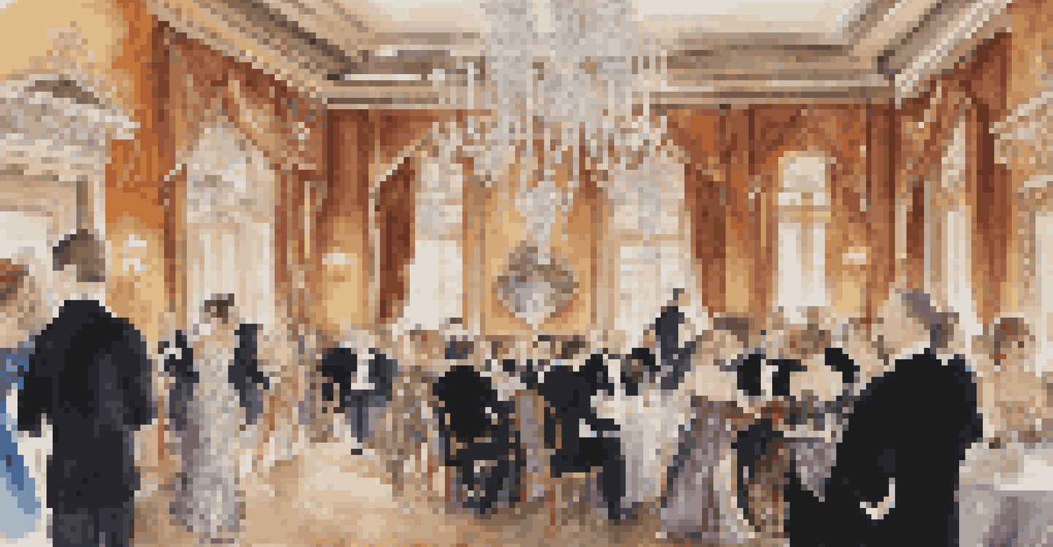 Guests in formal wear enjoying a gala in a historic mansion, illuminated by a grand chandelier and decorated with opulent furnishings.