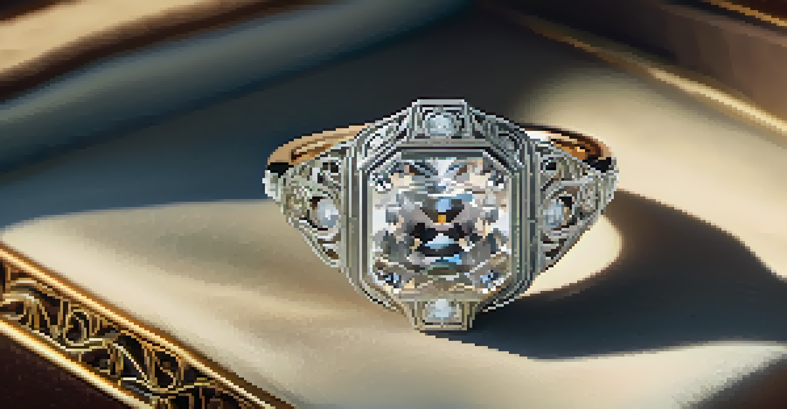 Art Deco vintage-style engagement ring with filigree and a large gemstone on a velvet surface, illuminated by soft light.