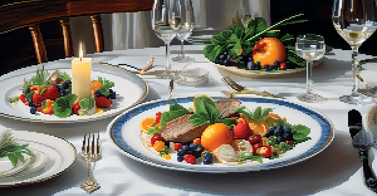 A gourmet meal elegantly plated with fresh organic ingredients on a fine china plate, surrounded by soft candlelight on a luxurious dining table.