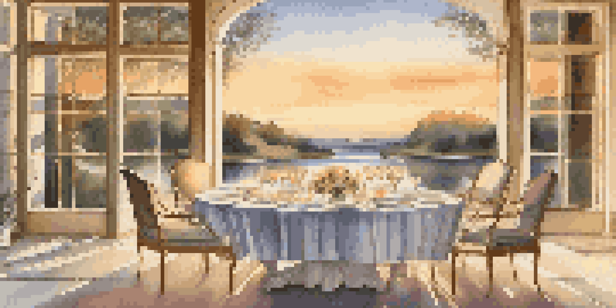 An elegant outdoor dining arrangement at sunset with a beautifully set table and a picturesque landscape in the background.
