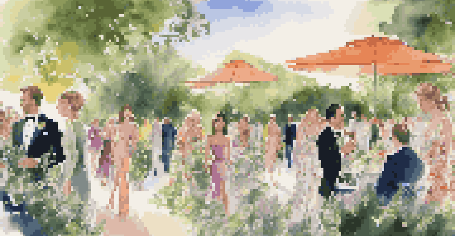 A garden fashion event with models in luxury outfits surrounded by greenery and stylish guests.
