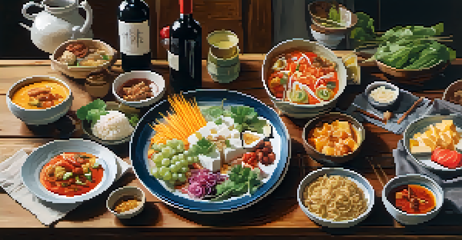 A flat lay of colorful food and wine on a rustic wooden table, illuminated by natural light.