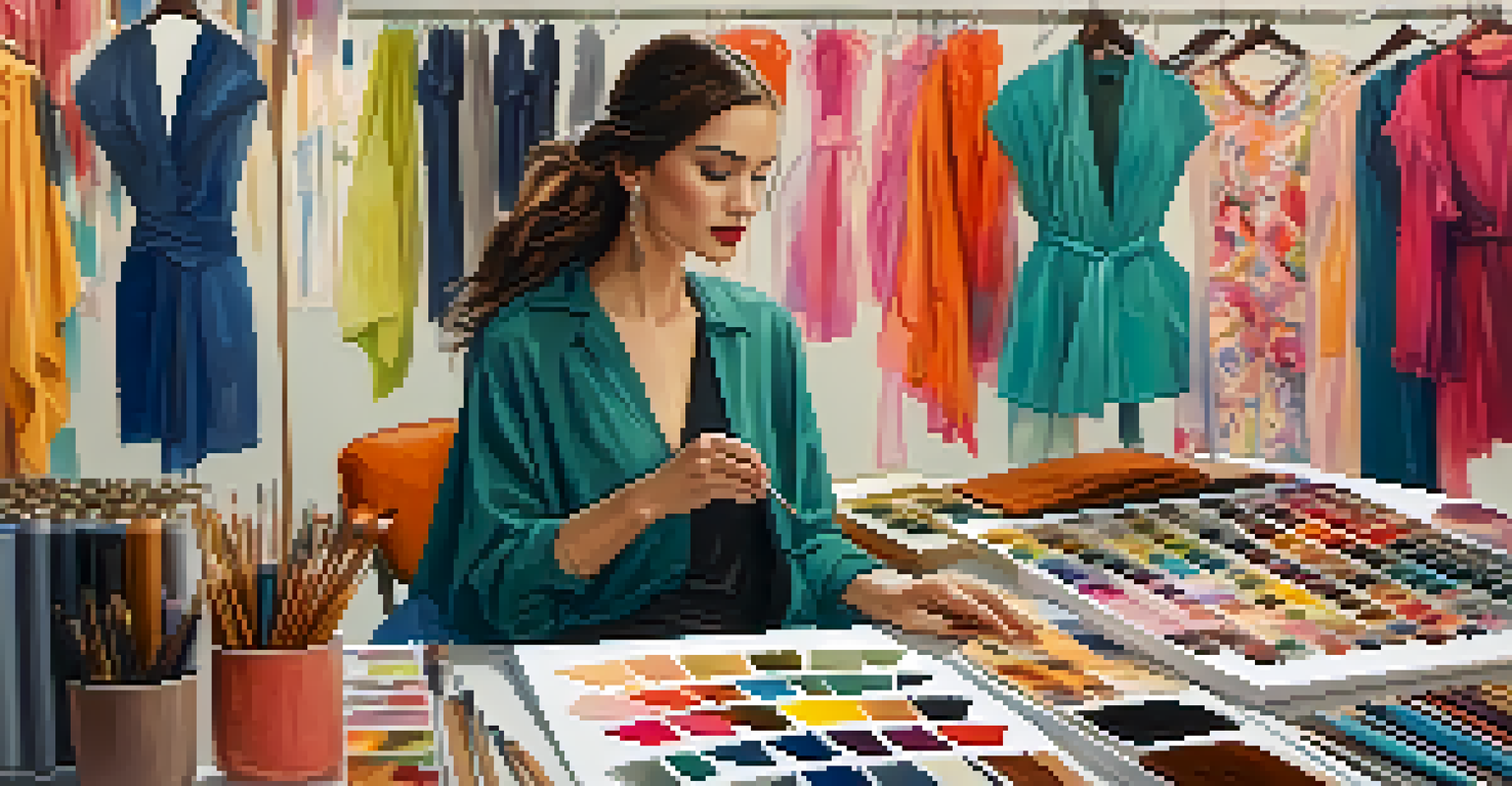 A fashion designer in a creative workspace, surrounded by sketches and colorful fabrics, preparing for an upcoming fashion show.