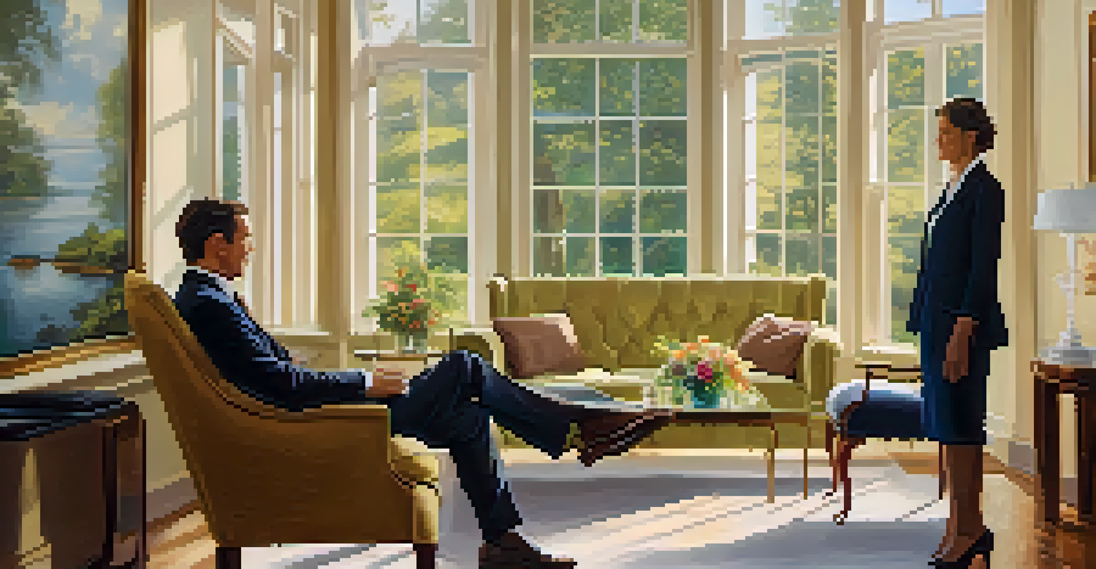 An elegant wellness coaching session in a sunlit room with a coach and client, surrounded by calming decor and a view of nature.