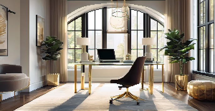 A modern luxury workspace with a glass desk, laptop, and elegant decor illuminated by natural light.