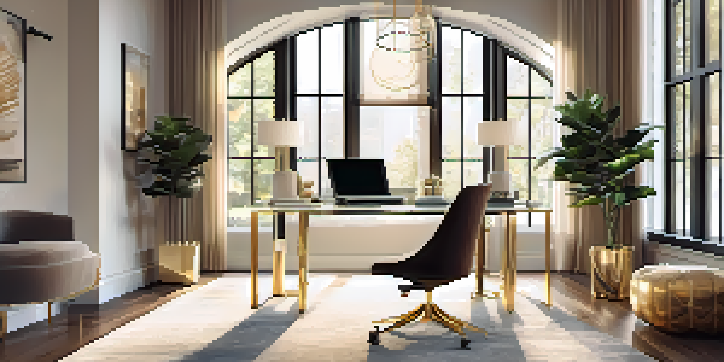 A modern luxury workspace with a glass desk, laptop, and elegant decor illuminated by natural light.