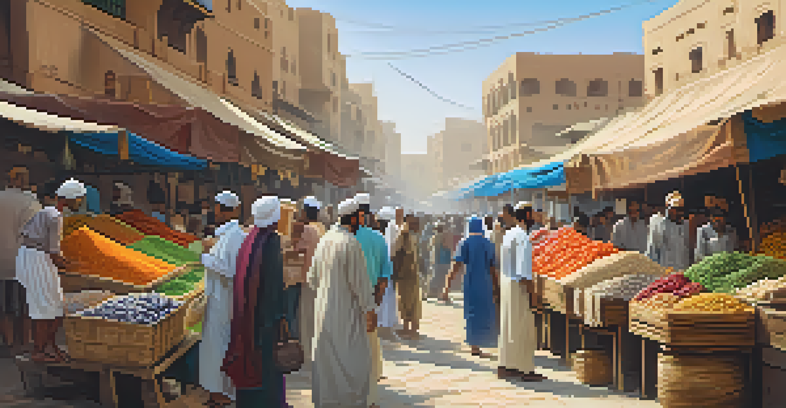 A lively local market near the Nile River with colorful stalls and locals interacting with tourists.