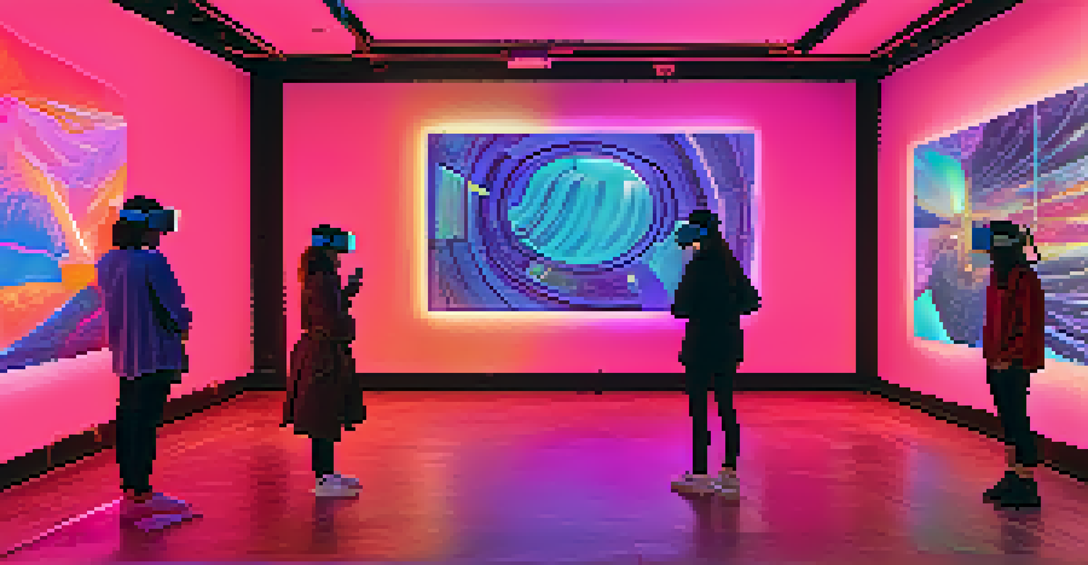 Visitors interacting with a virtual art exhibition using VR headsets in a modern gallery setting.