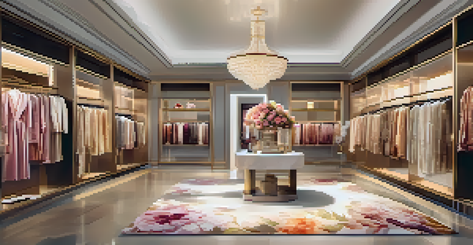 An elegant high-end boutique with luxurious fashion items and floral patterns in the air.