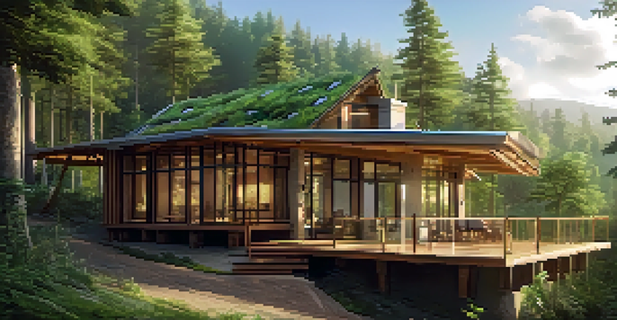 An eco-lodge in a forest with large windows and a green roof, surrounded by trees and sunlight filtering through.