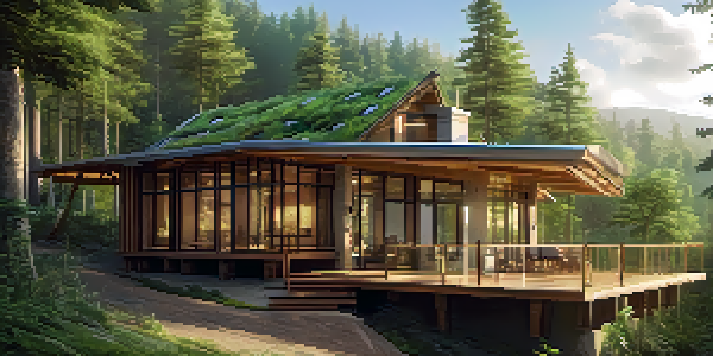 An eco-lodge in a forest with large windows and a green roof, surrounded by trees and sunlight filtering through.