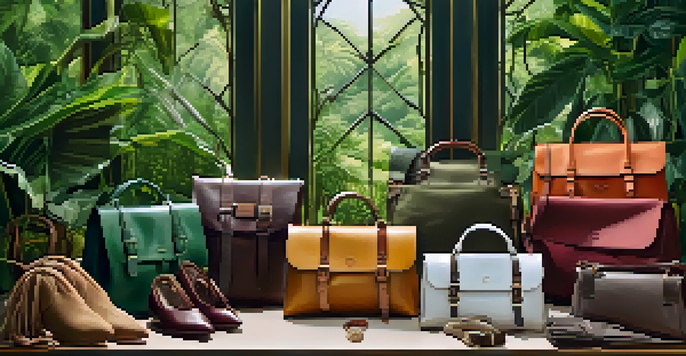 A display of sustainable luxury fashion items like handcrafted leather bags and organic cotton clothing in a green, natural setting.