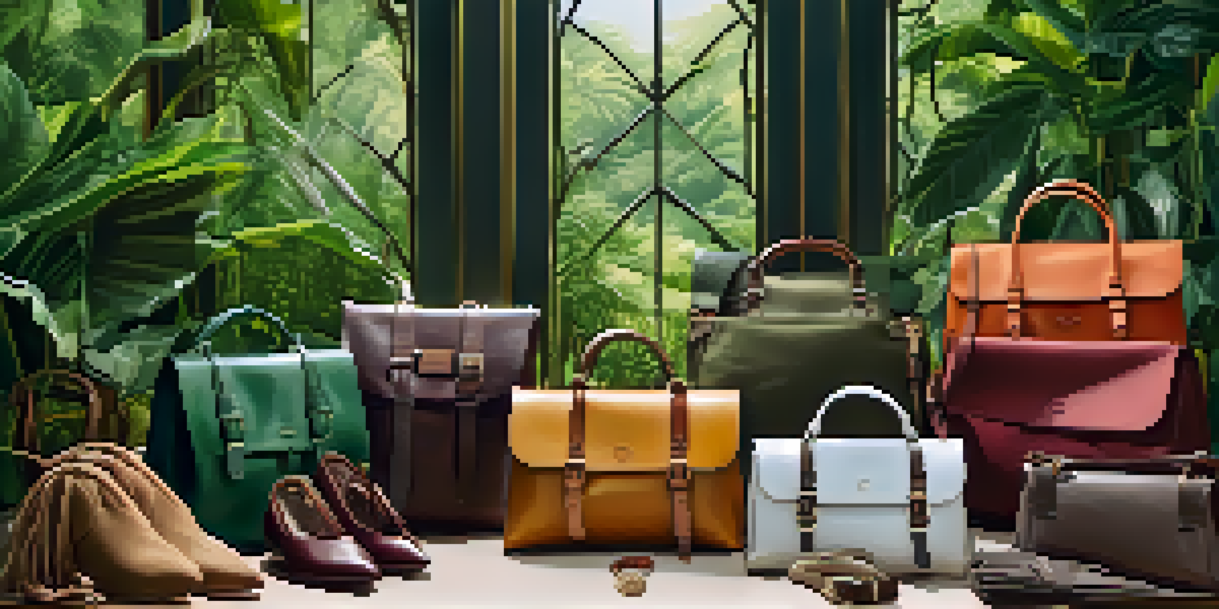 A display of sustainable luxury fashion items like handcrafted leather bags and organic cotton clothing in a green, natural setting.
