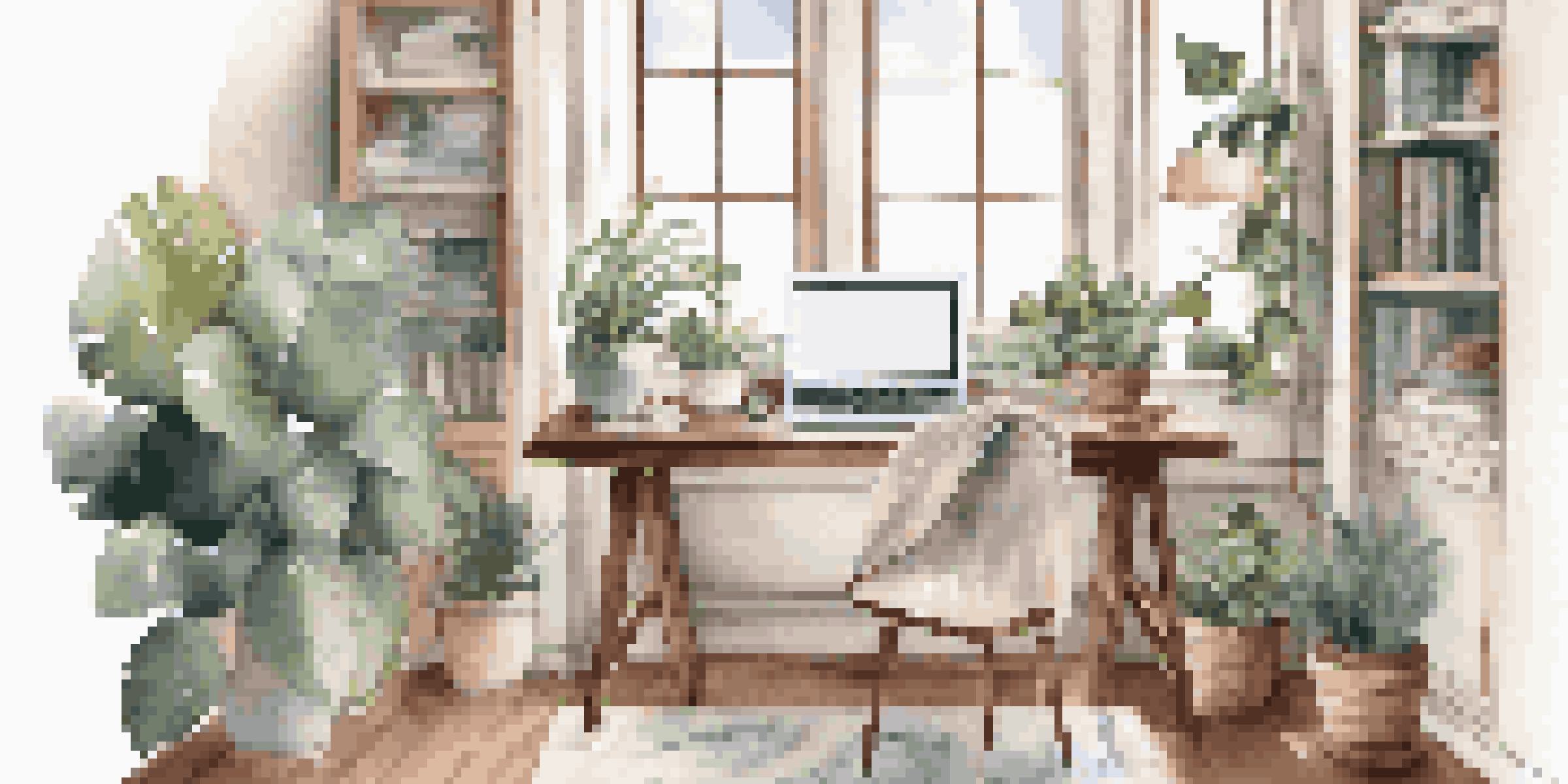 A stylish home workspace with a plush chair, wooden desk, plants, and a laptop showing a digital fashion collection.