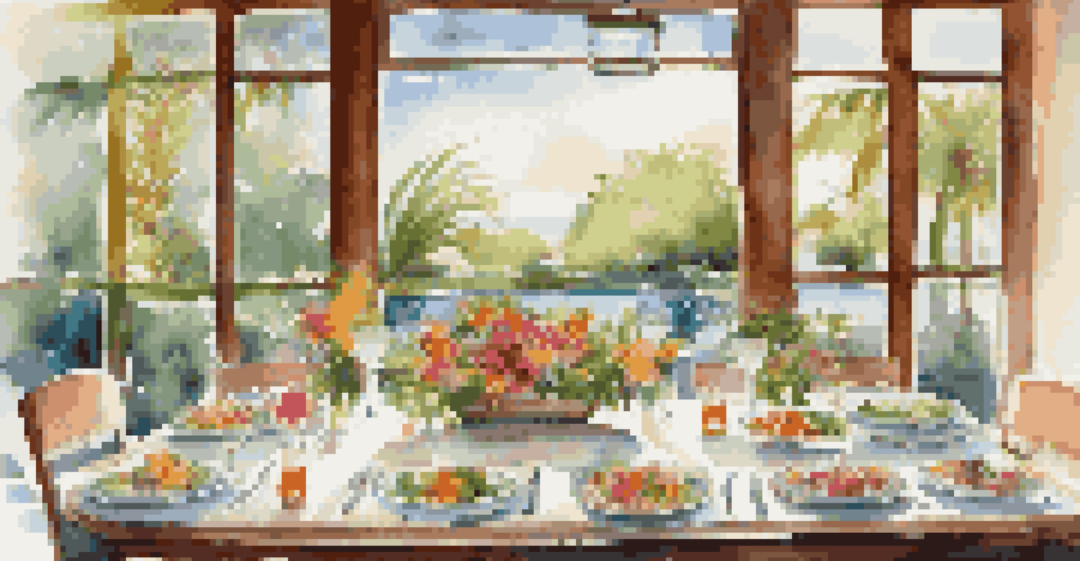 An elegantly set dining table with fresh organic dishes and tropical flowers, overlooking a garden.