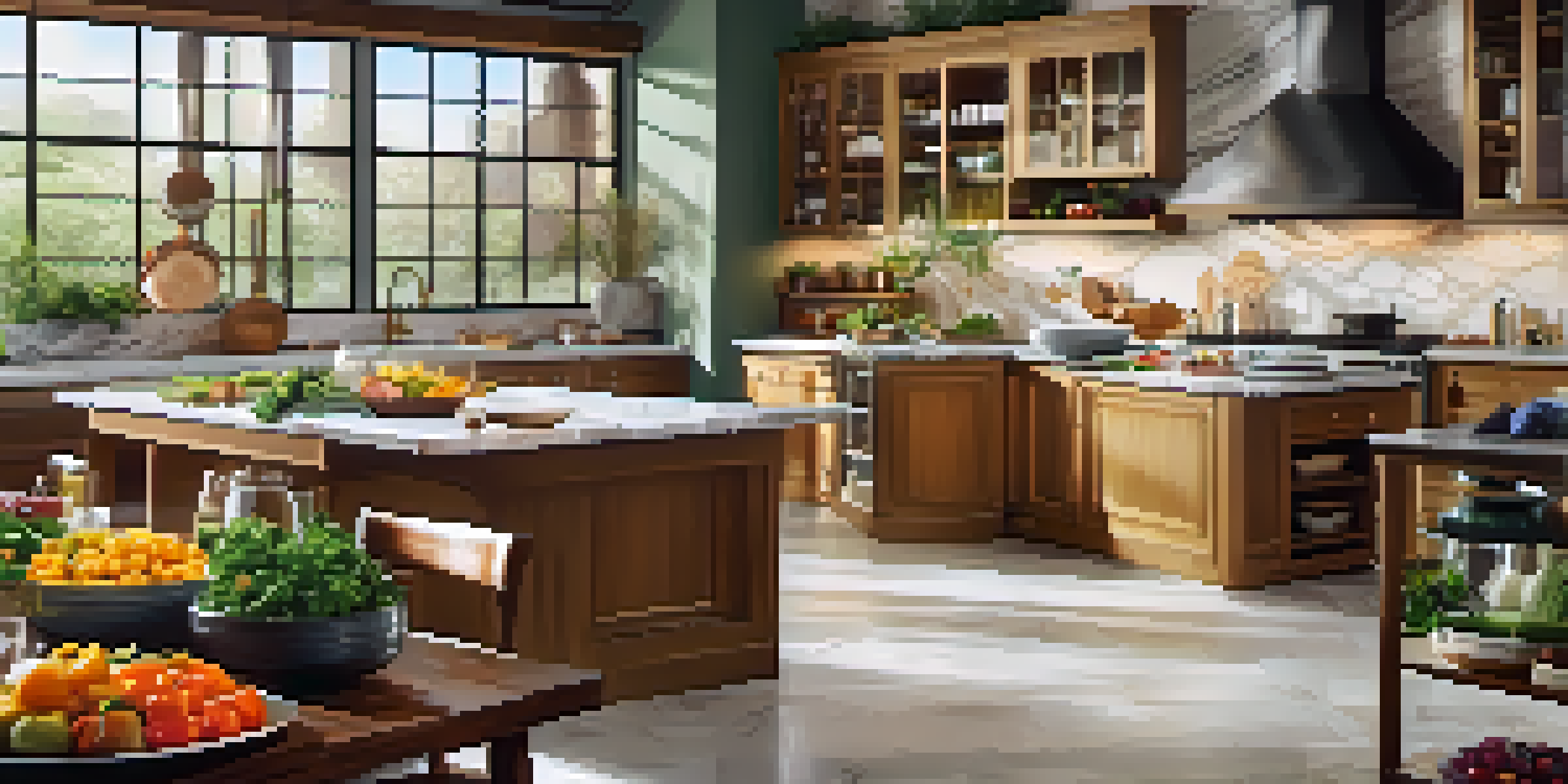 A bright and elegant cooking class environment with marble countertops, colorful ingredients, and modern kitchen appliances under warm lighting.