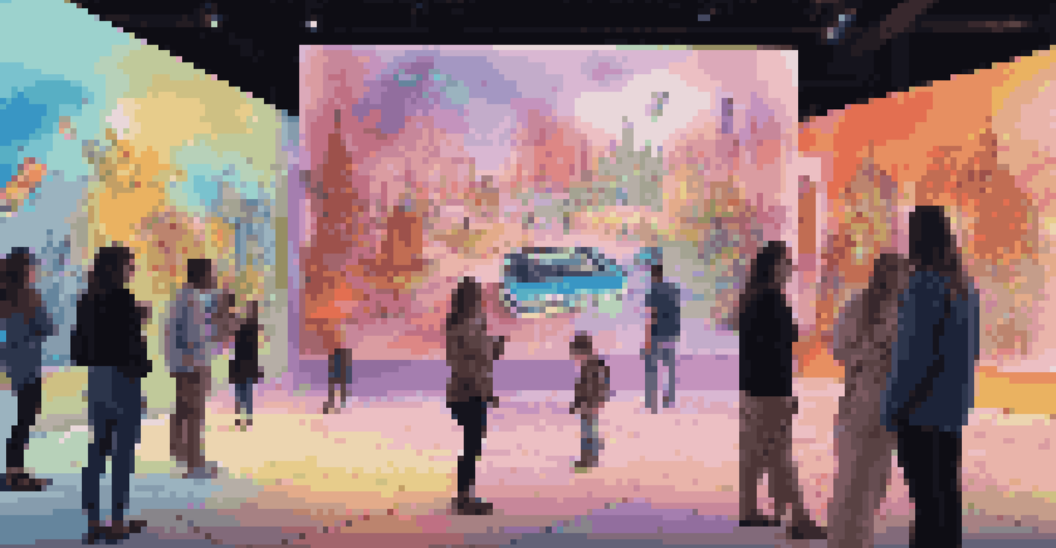 Visitors interacting with a colorful augmented reality art installation in a spacious and well-lit environment.