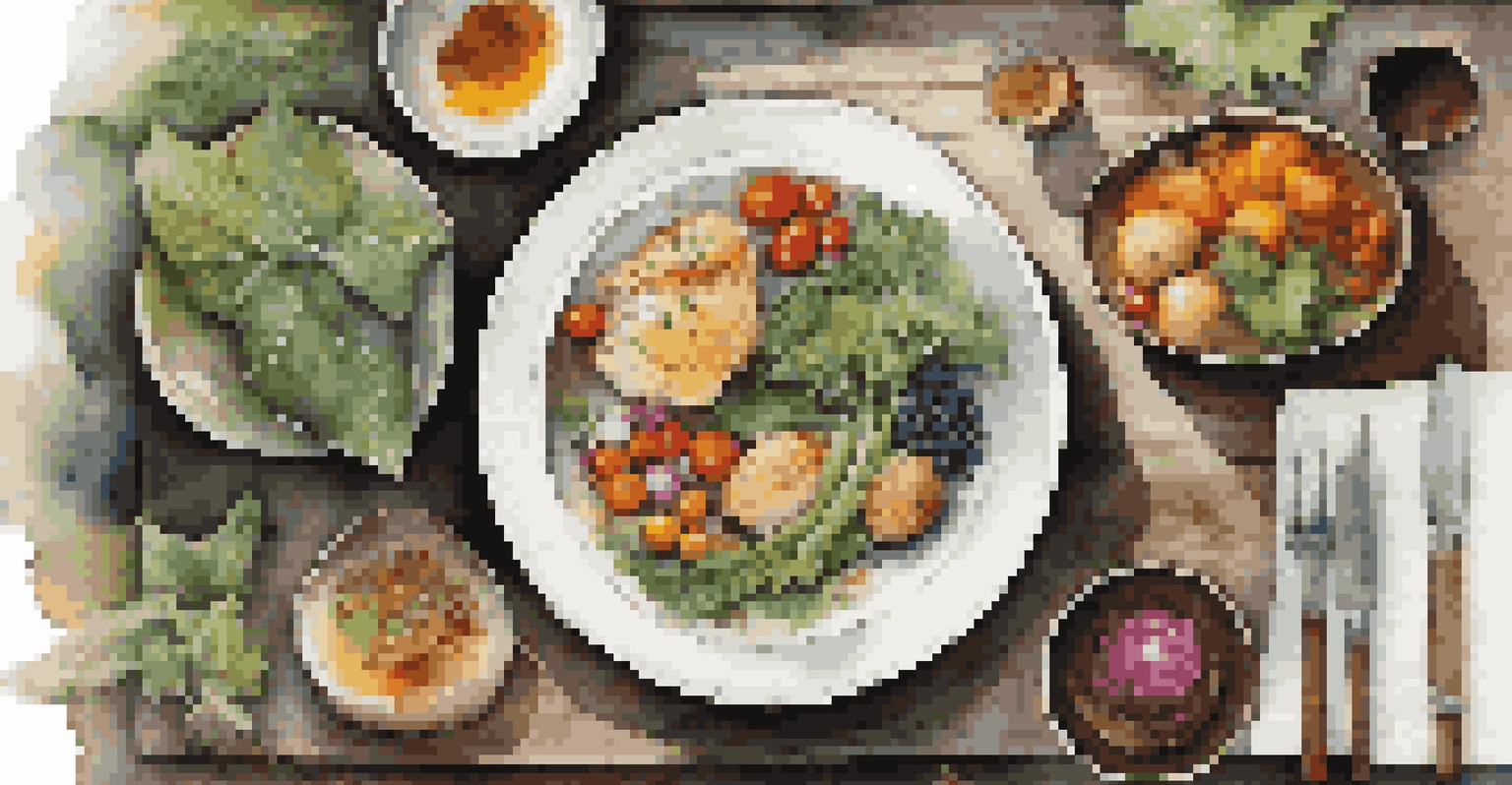 A gourmet meal with local organic ingredients arranged on a rustic wooden table, illuminated by soft natural light.