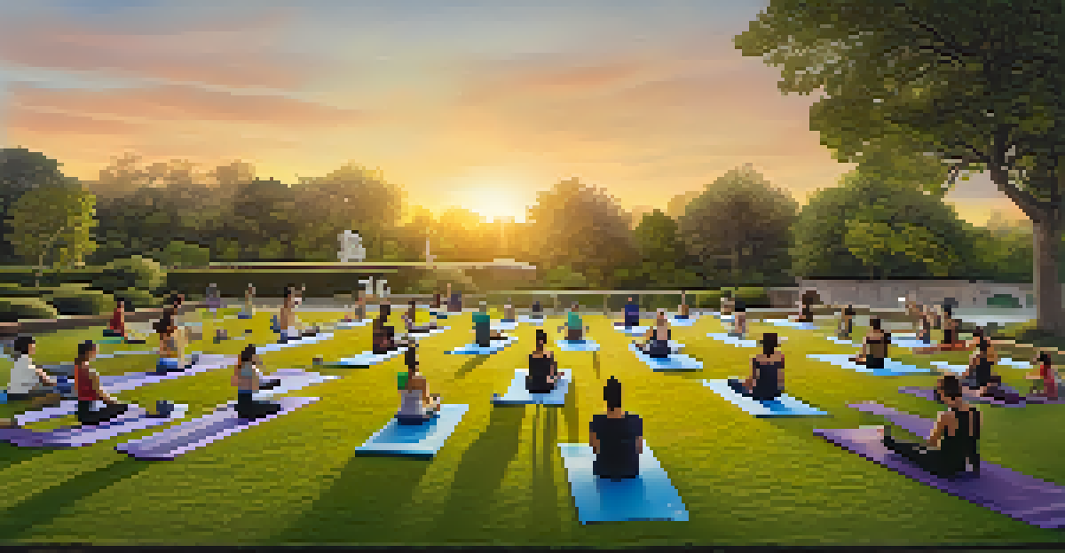 A group of people practicing yoga outdoors in a park during sunset, surrounded by trees and nature.