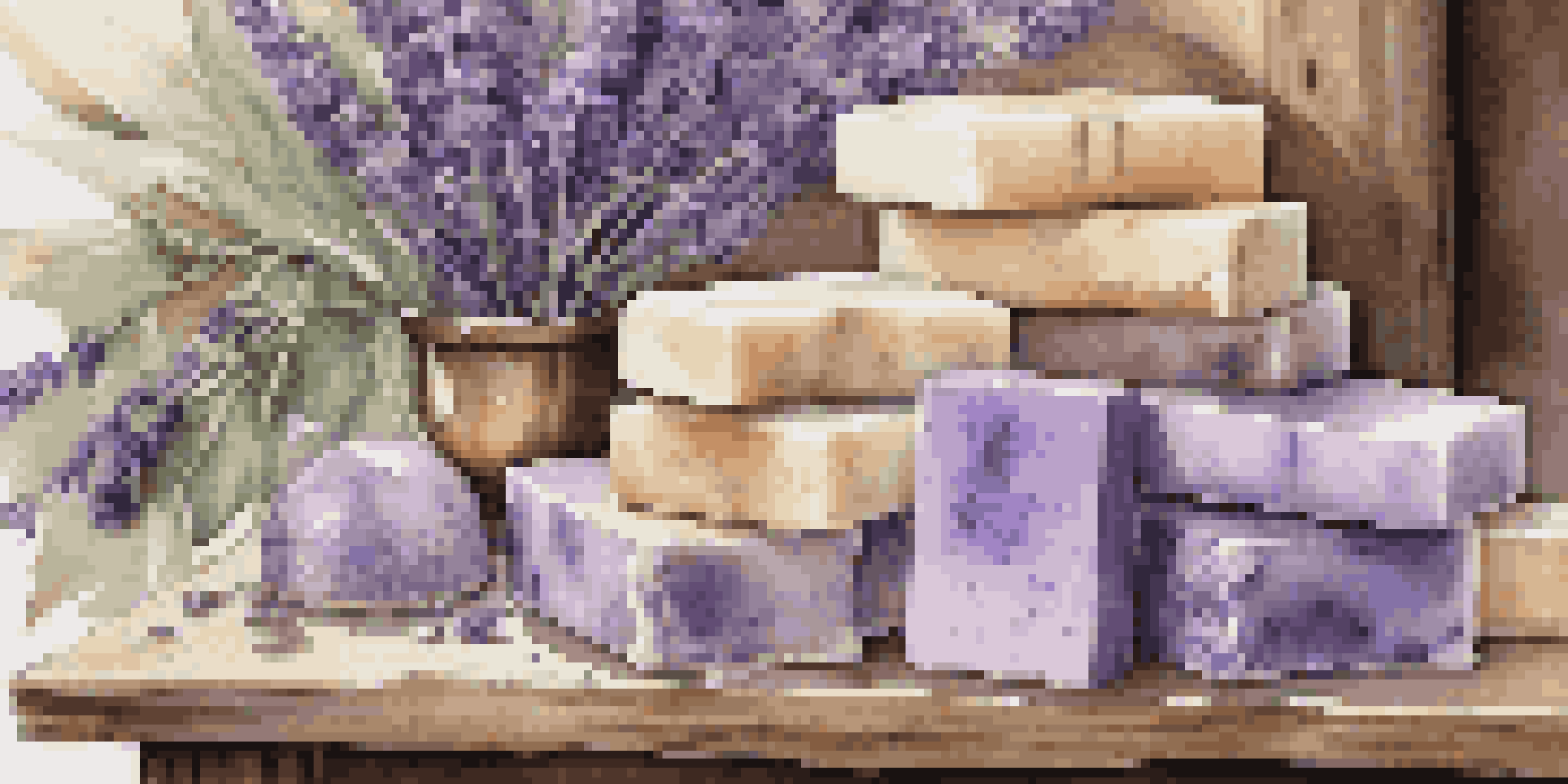 A rustic wooden table featuring a variety of beautifully crafted artisanal luxury soaps surrounded by fresh lavender and coconut shells, with warm lighting enhancing the scene.