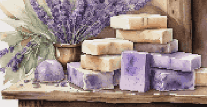 A rustic wooden table featuring a variety of beautifully crafted artisanal luxury soaps surrounded by fresh lavender and coconut shells, with warm lighting enhancing the scene.