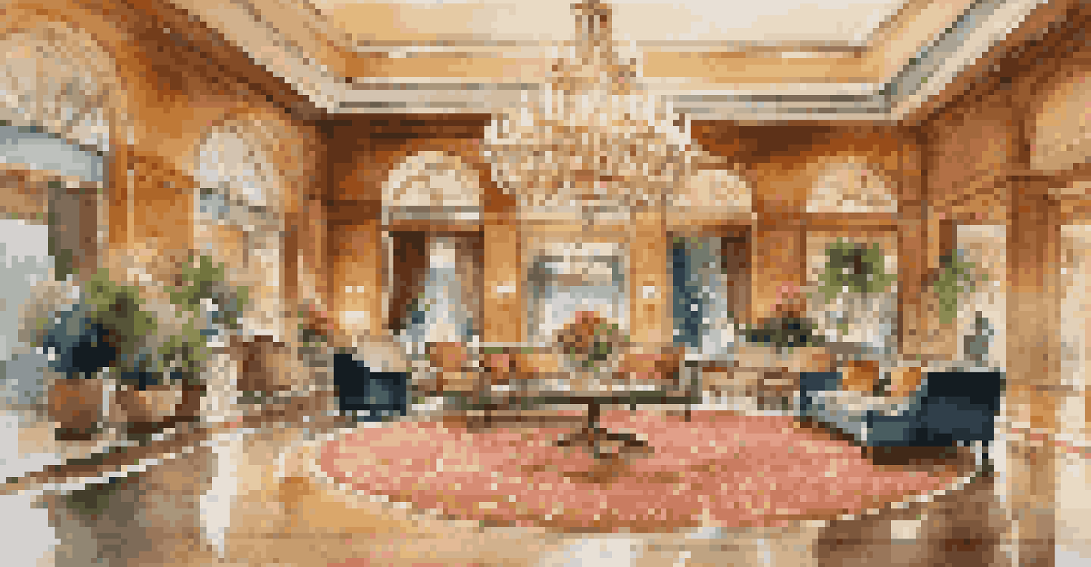 A luxurious hotel lobby with chandeliers, elegant furniture, and guests conversing in a warm ambiance.