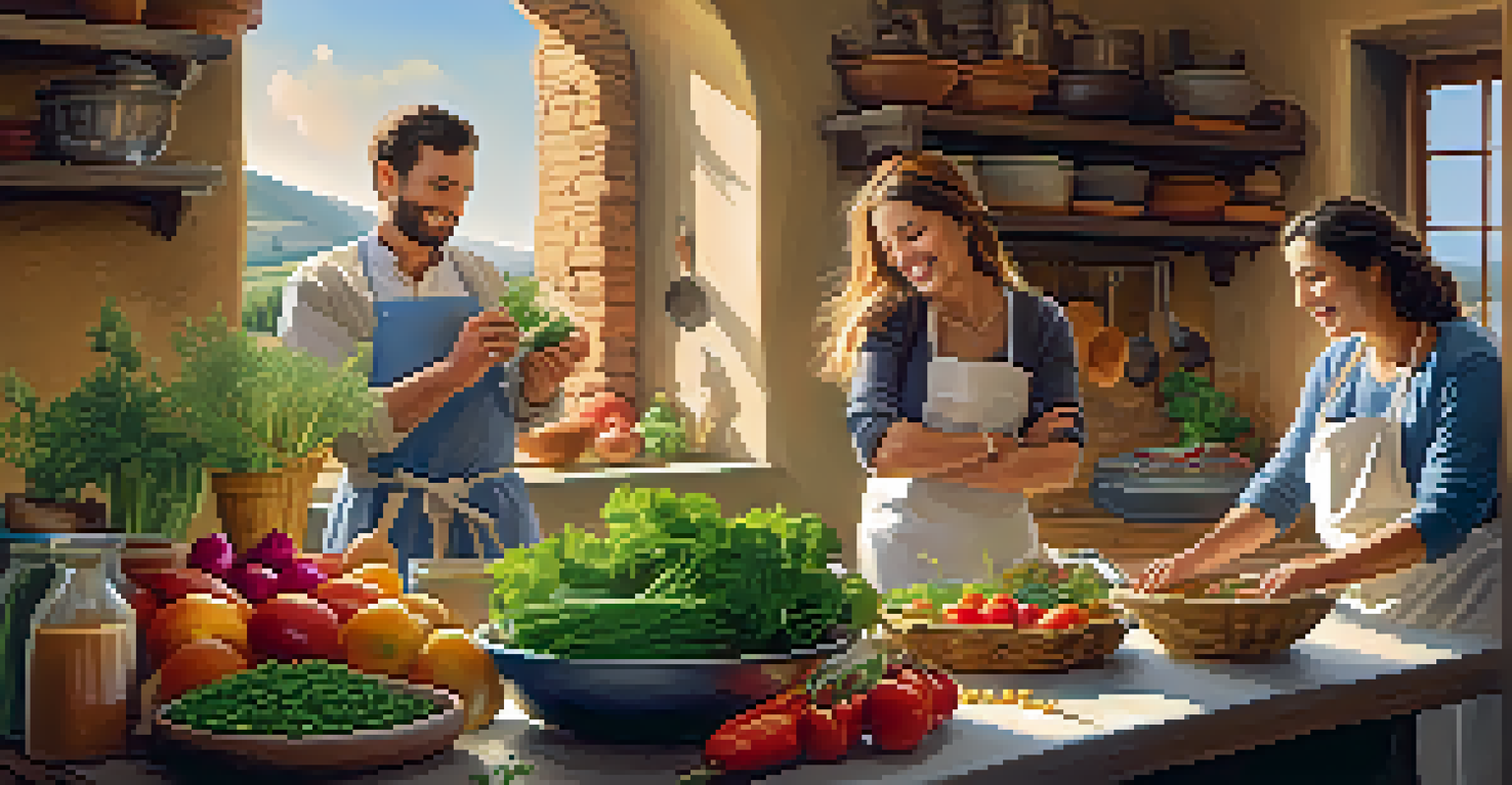 A family participating in a cooking class in Tuscany, surrounded by fresh ingredients and laughter.