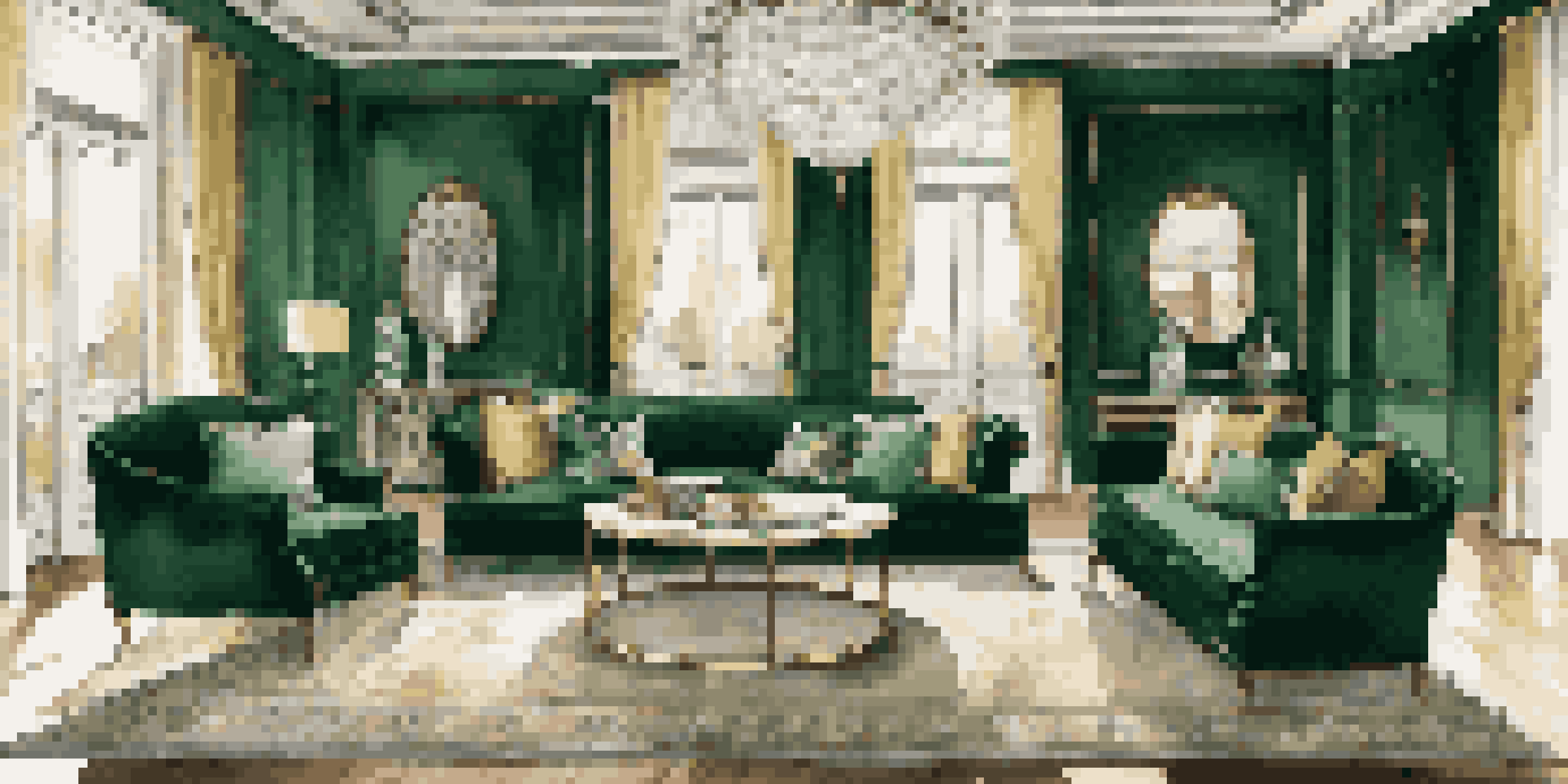 A luxurious living room with a grand chandelier, emerald green sofas, and large windows showcasing natural light.