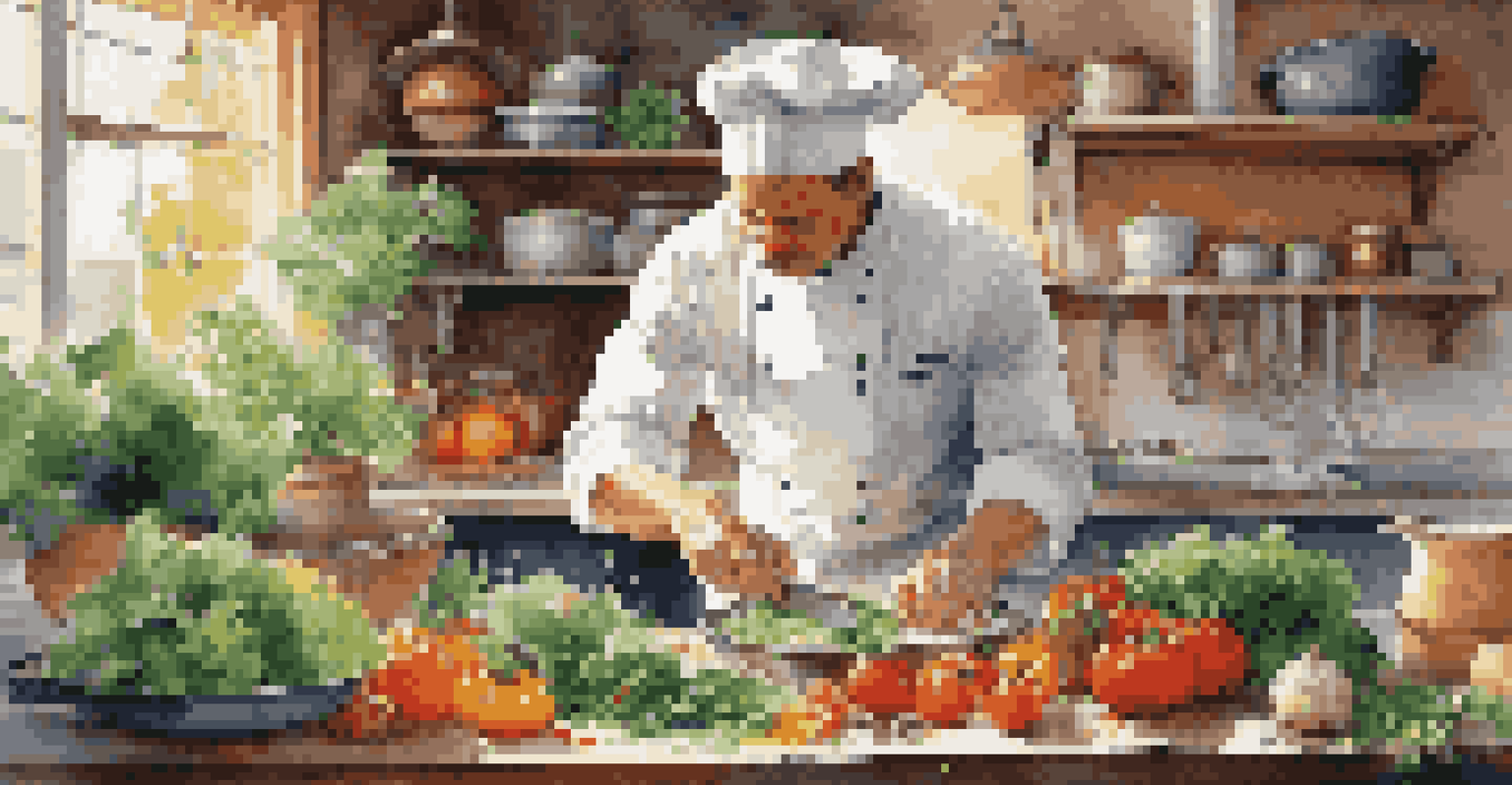 A chef preparing a seasonal dish in a sunlit kitchen, with colorful vegetables and herbs on the countertop.