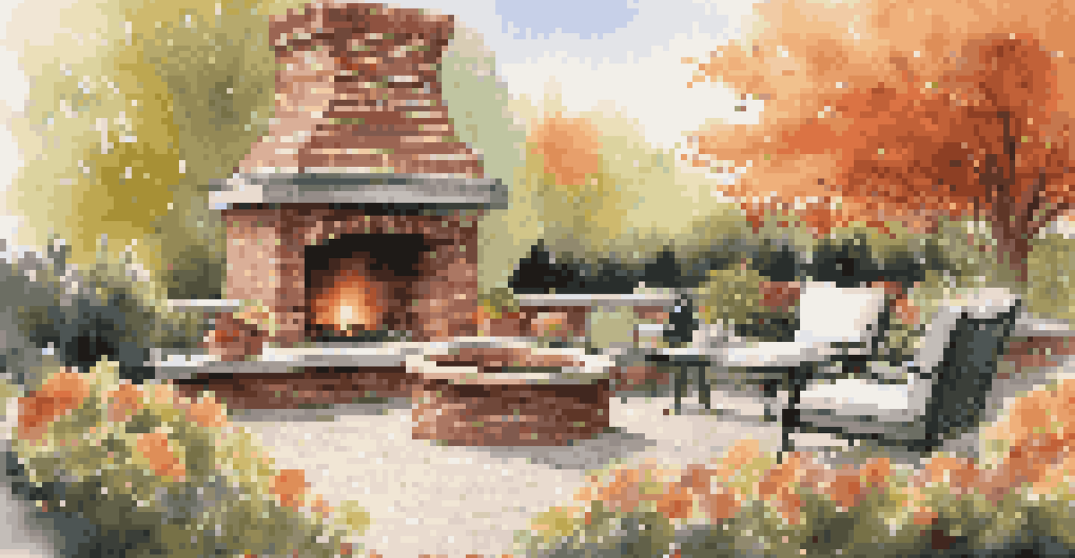 A traditional brick outdoor fireplace in a garden, with friends gathered around it, enjoying a cozy autumn evening.