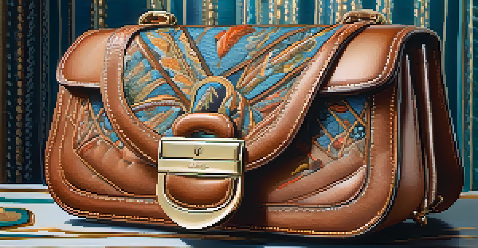 A close-up of a vintage luxury handbag showcasing intricate stitching and design, set against a textured fabric background with rich colors.