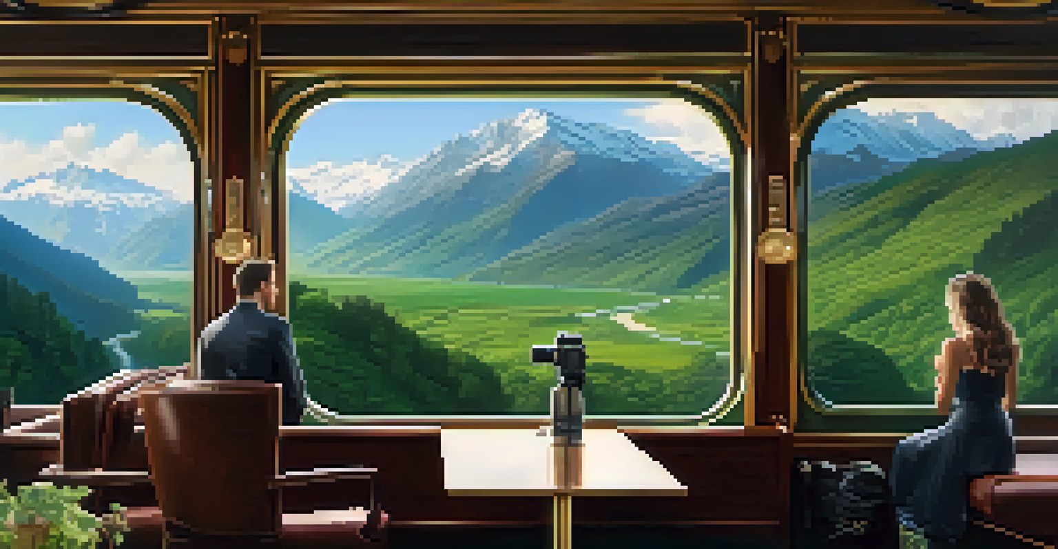 Passengers on a viewing platform of a luxury train, admiring lush valleys and mountains in the background.