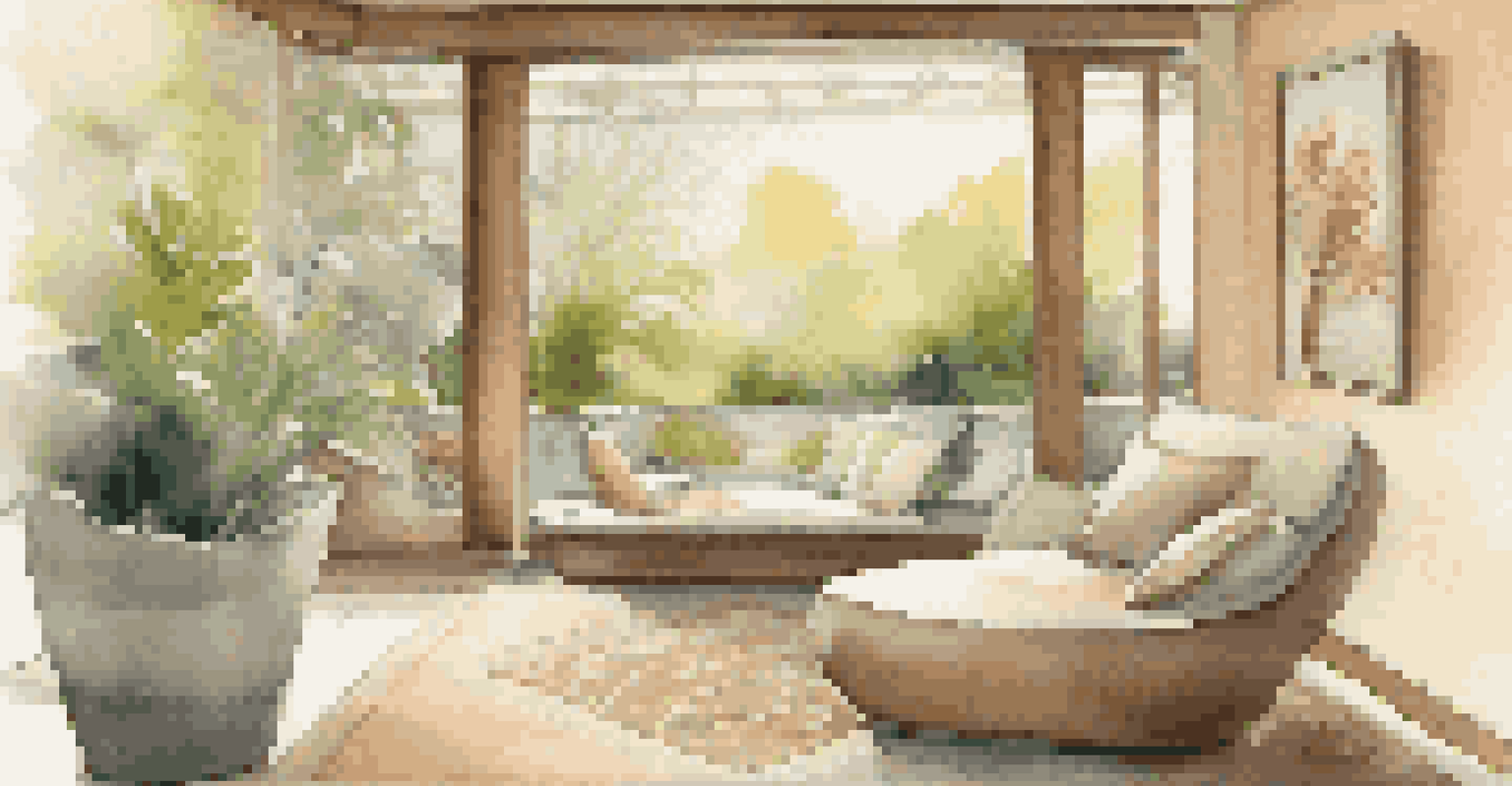 A cozy meditation corner with pillows, soft light, and views of a serene garden.