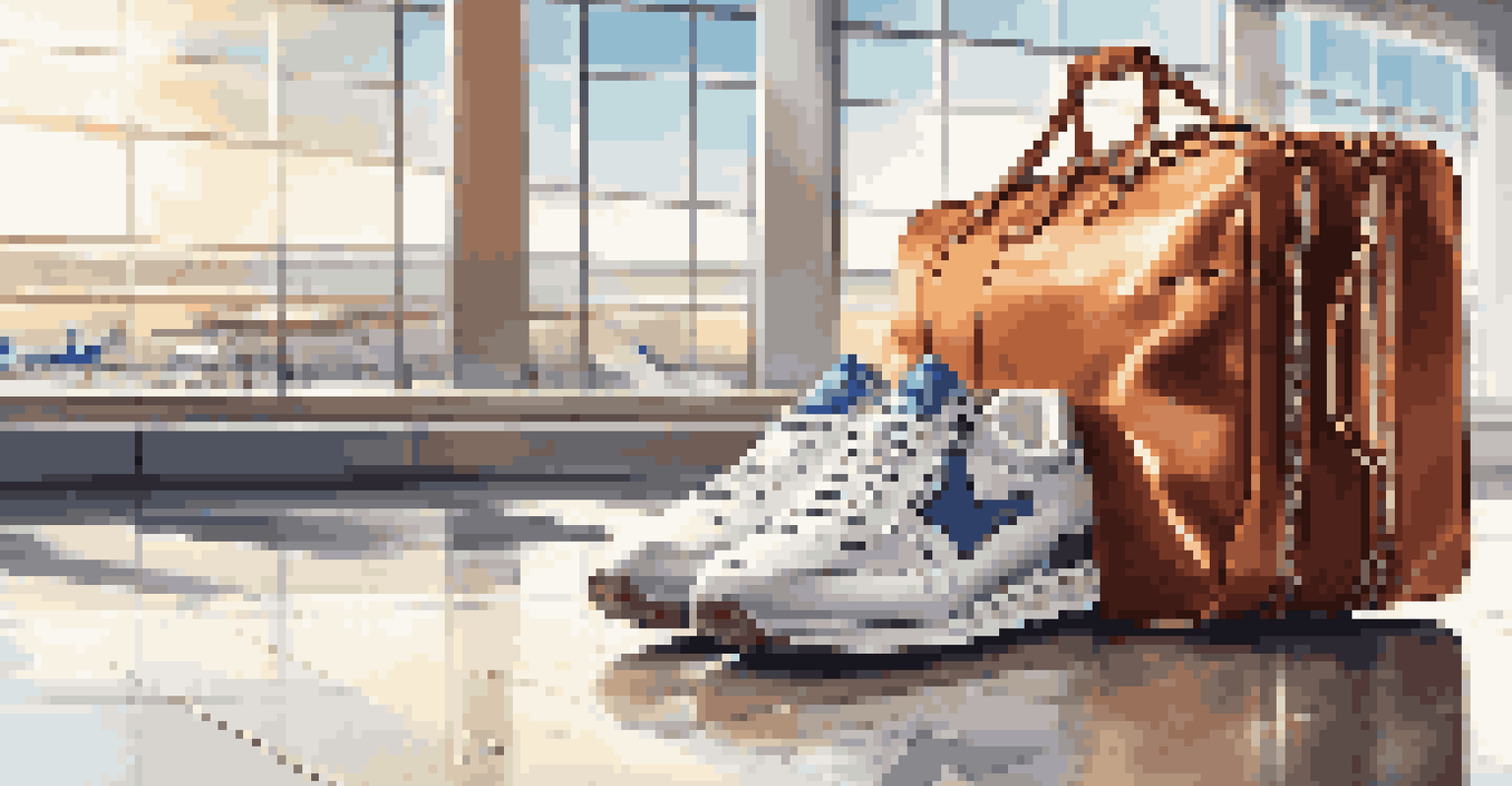 A fashionable travel bag and luxury sneakers in a modern airport setting.