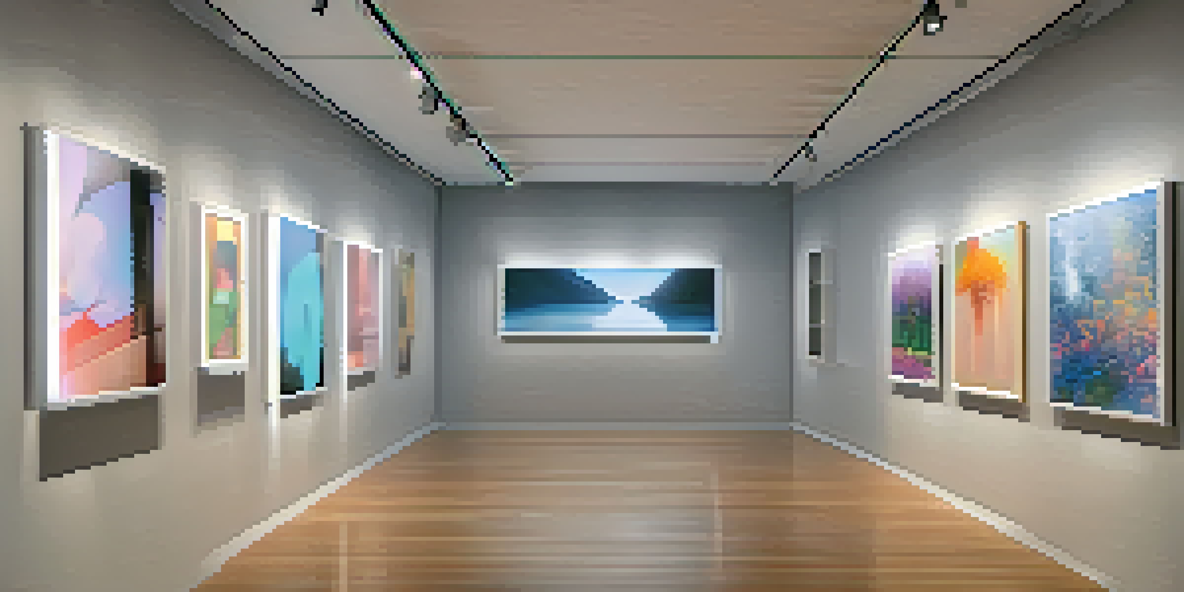 A modern virtual gallery filled with colorful digital art pieces, featuring soft lighting and a minimalist wooden floor.