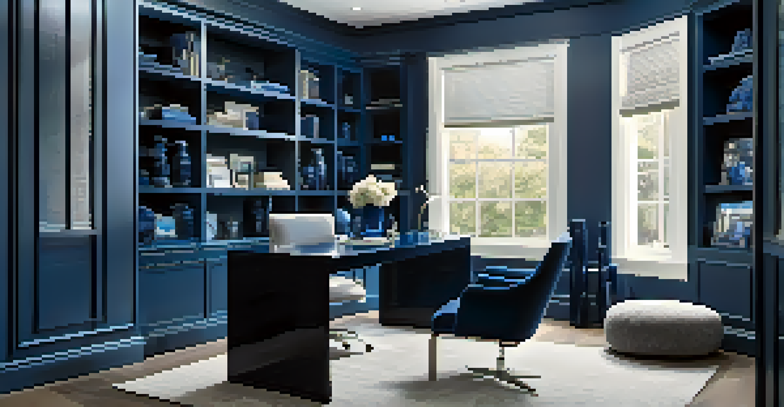 A modern home office in shades of blue with a sleek desk and glossy accents, creating a cohesive and elegant atmosphere.