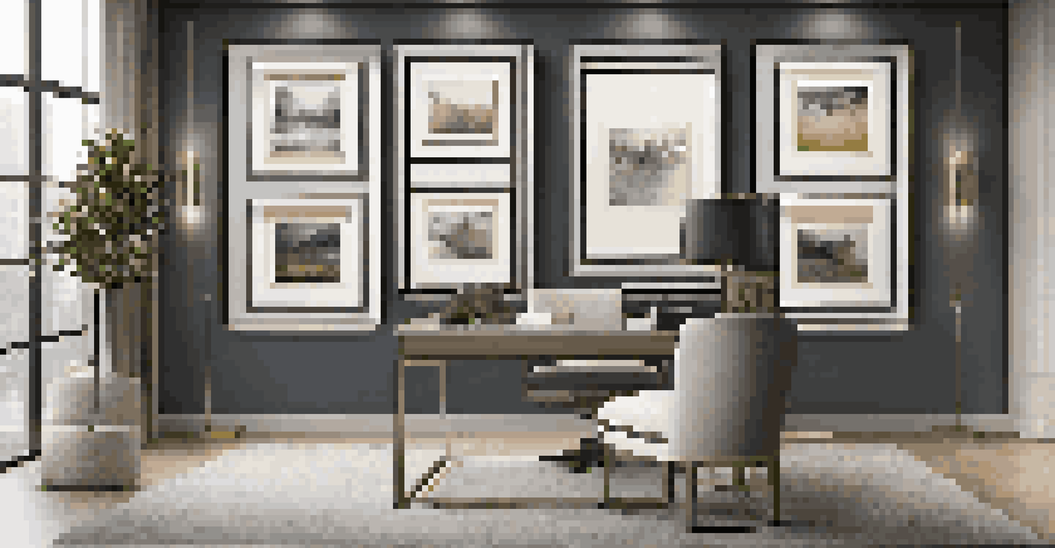 A gallery wall filled with framed art in a stylish home office, illuminated by soft lighting.